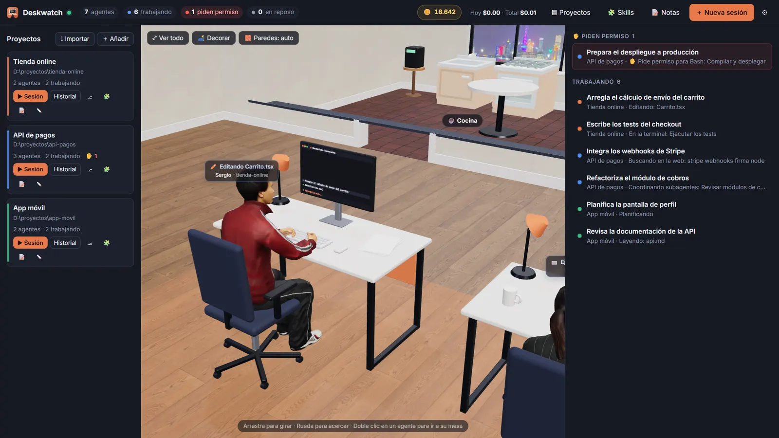 Close-up of an agent typing at their desk, with the conversation on their monitor
