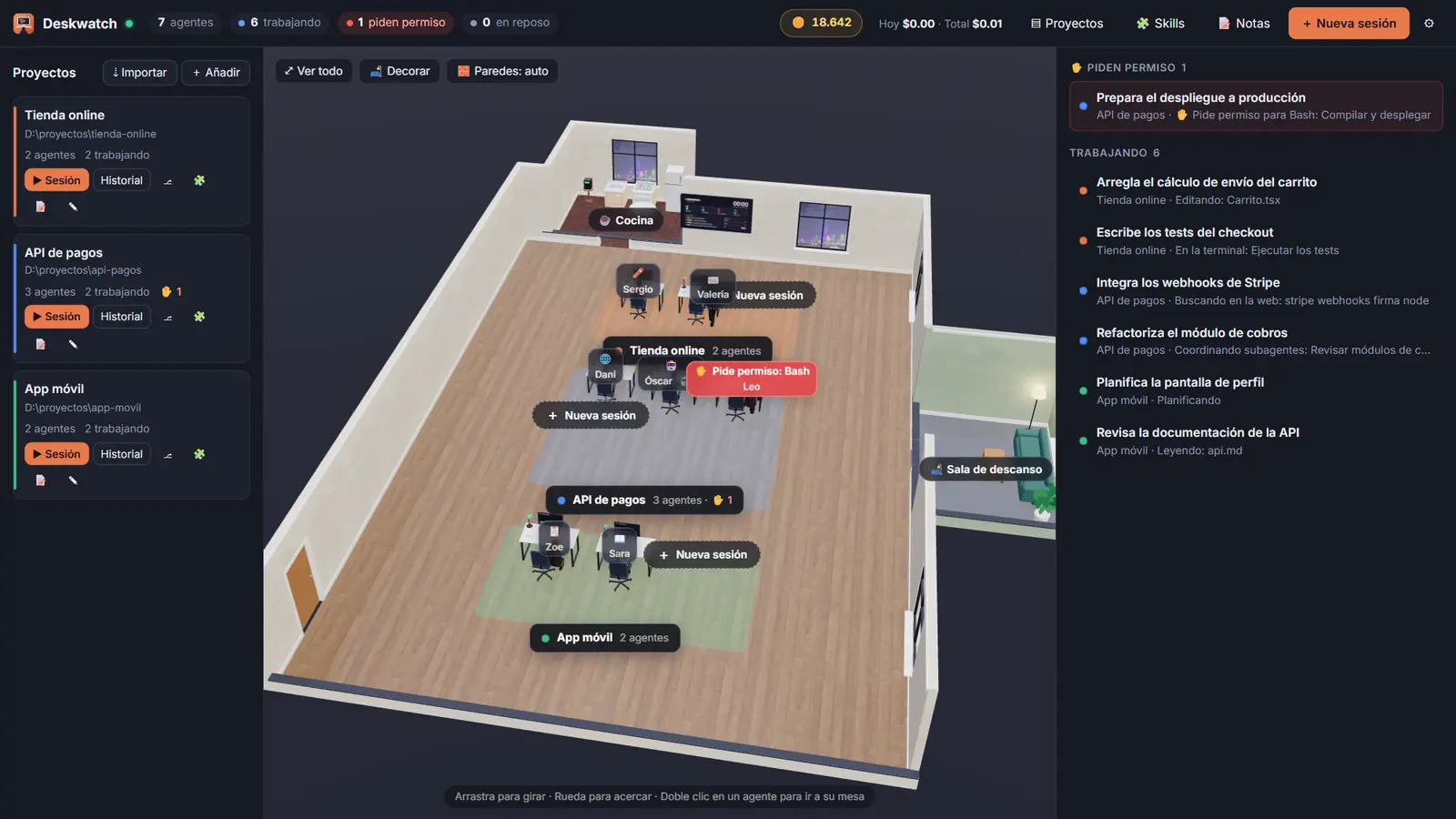 The Deskwatch 3D office with three projects, seven agents at work, a kitchen and a break room