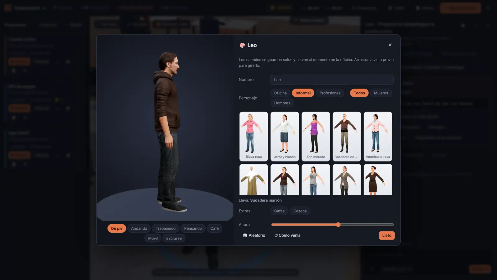 Character editor with a gallery of models, extras and poses