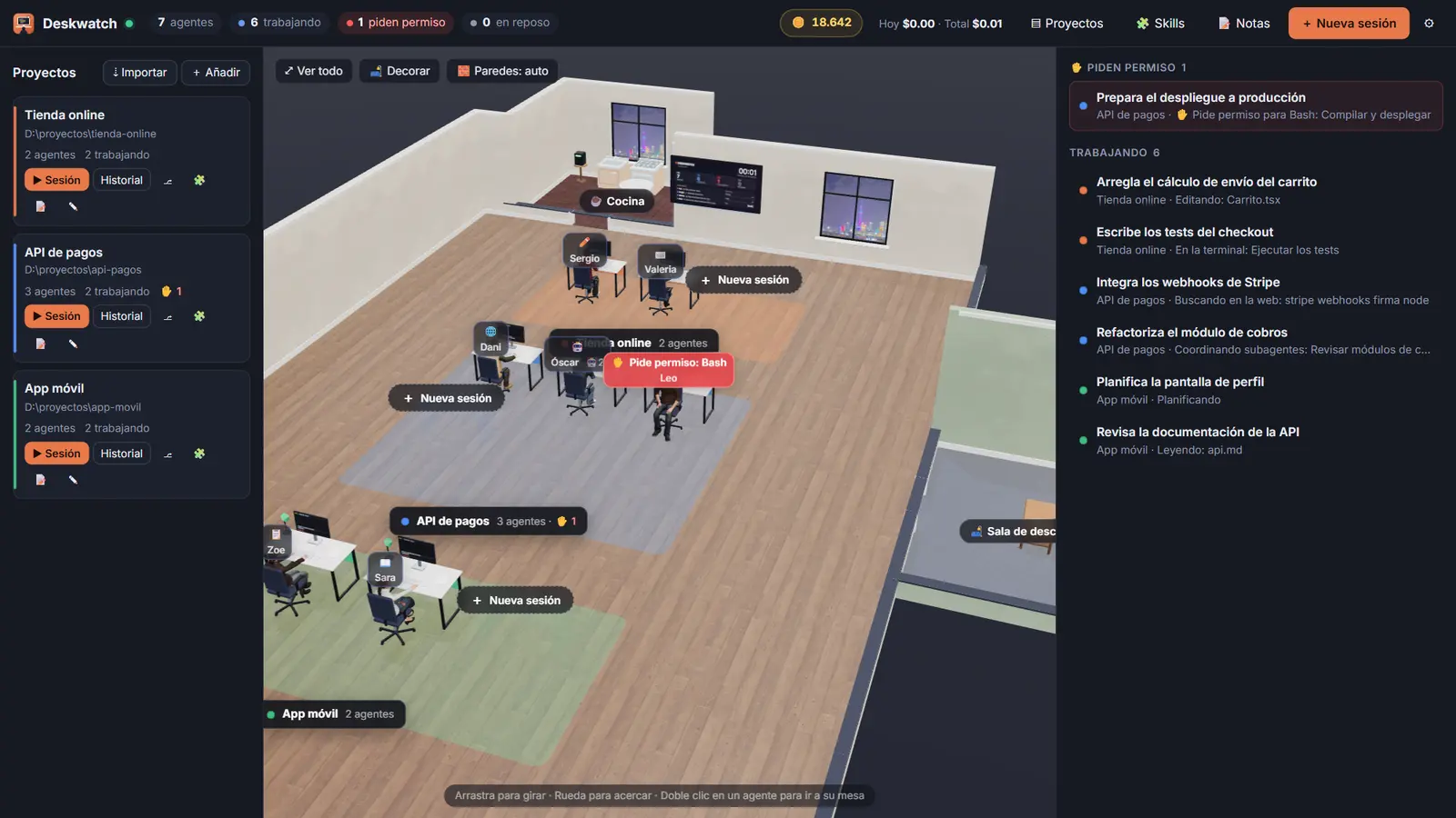 Top-down view of the office with a kitchen and a break room built next to the main floor